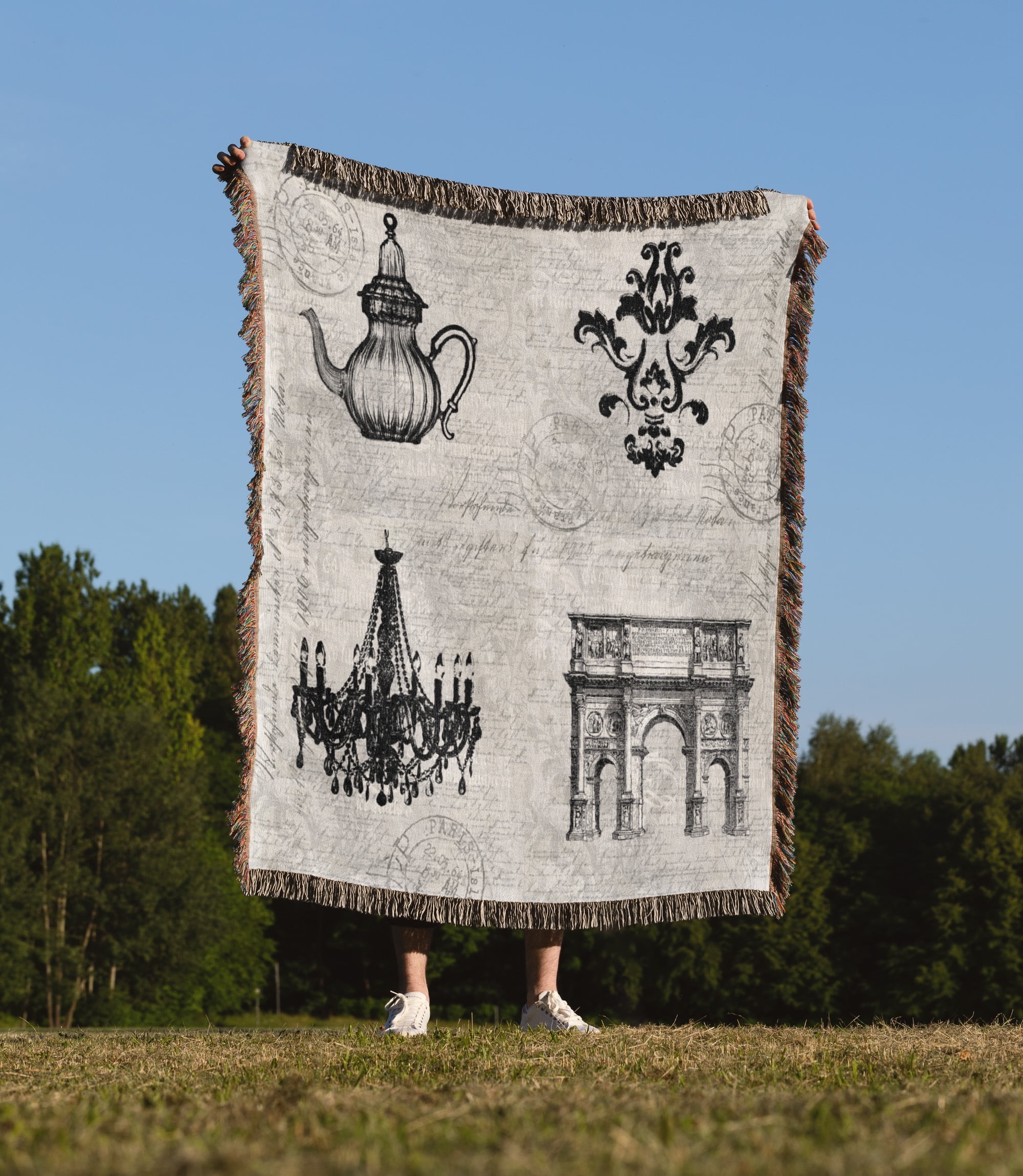 Nostalgic Illustration With Chandelier, Arc De Triomphe, Jug, Ornament, Woven Blanket