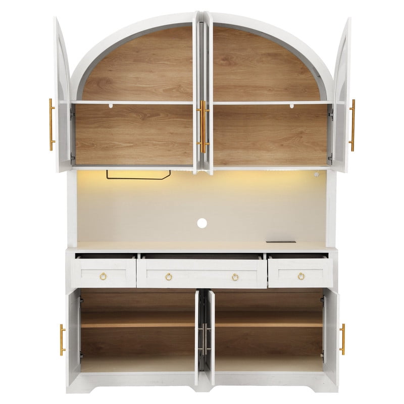 Arched Kitchen Pantry Cabinet with LED Lights & Charging Station, 55" Farmhouse Hutch Storage Cabinet with Glass Doors, Drawers, Adjustable Shelves & Barn Doors for Kitchen, Dining Room