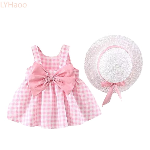 LYHaoo Baby Kids Girls Sleeveless Bow Plaid Print Dress Hat Set Outfit,Princess Casual Dresses Sizes 3-4 Years Pink