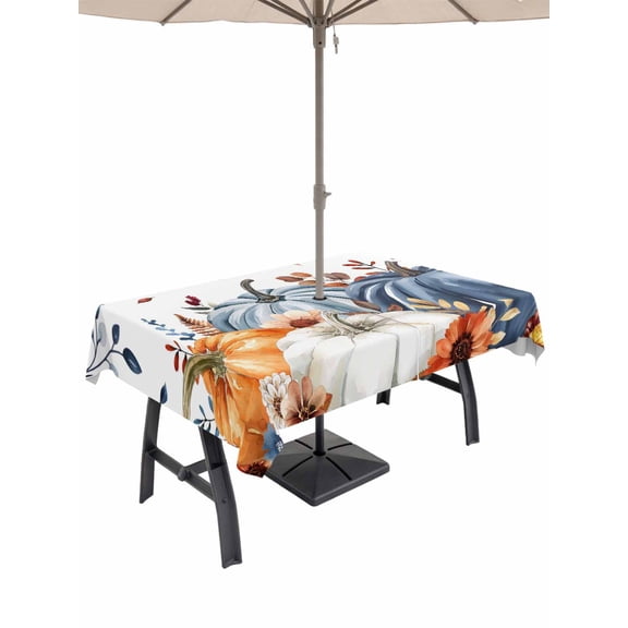Outdoor Tablecloth with Umbrella Hole and Zipper, Orange Blue Pumpkins Fall Rectangle Table Cloth 52x70 Inch Waterproof Tablecloth, Thanksgiving Floral Botanical Picnic Table Cover for Patio Camping
