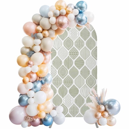 Arch Backdrop Cover 6.6FT Sage Green Bohemian Geometric Stretch Spandex Arch Stand Cover Abstract Moroccan Pattern Round Top Chiara Backdrop Stand Covers for Wedding Birthday Party Banquet