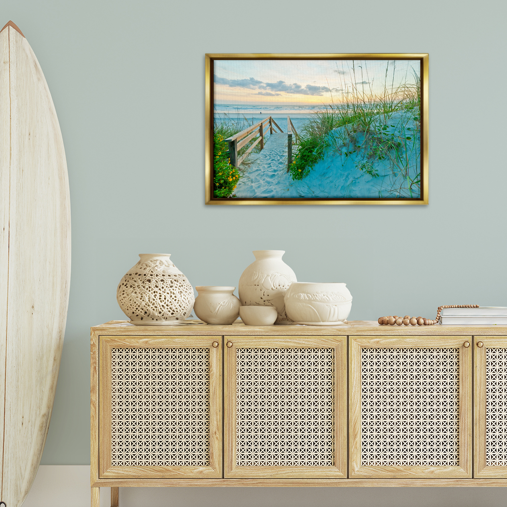 Stupell Industries Sandy Coast Footprints Nautical & Beach Photography Gold Floater Framed Canvas Art Print Wall Art, 31 x 21
