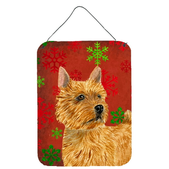 Norwich Terrier Red and Green Snowflakes Holiday Christmas Wall or Door Hanging Prints