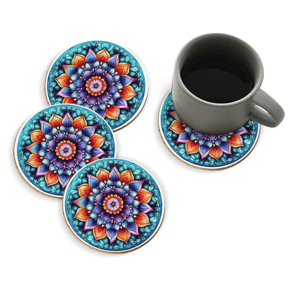 Coasters for Drinks Bar Beer,Set of 4 ,Round Wooden Housewarming Gift,Round Mandala Flower