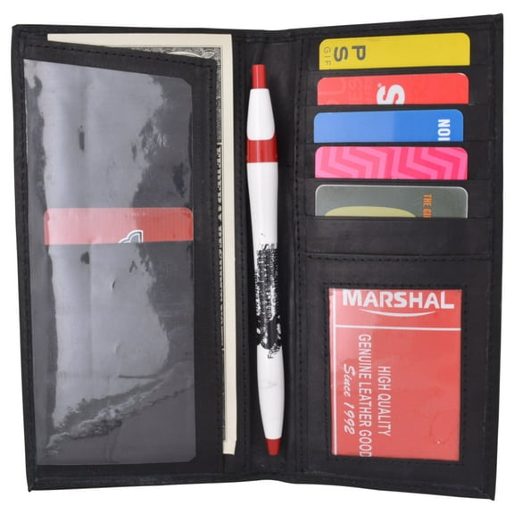 Slim Leather Checkbook Cover with Credit Card Slots and Pen Holder