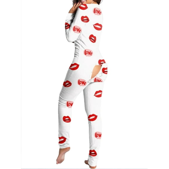 Avamo Women Bodycon Pajamas Long Sleeve Romper V Neck Jumpsuit Comfy Sleepwear Party Nightwear Love S