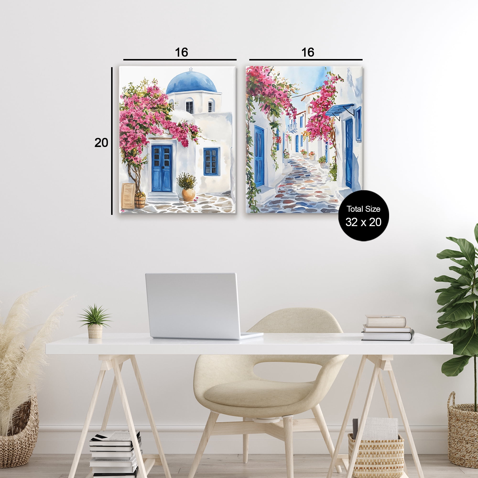 Stupell Industries Santorini House with Pink Tree 2 Piece Canvas Wall Art Set, design by LSR Design Studio
