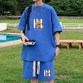 thumbnail image 3 of Conjunto de verano para hombre, camiseta con estampado de gofres, pantalones cortos, traje, diseño de marca elegante, pantalones deportivos de moda, conjunto de 2 piezas, 3 of 5