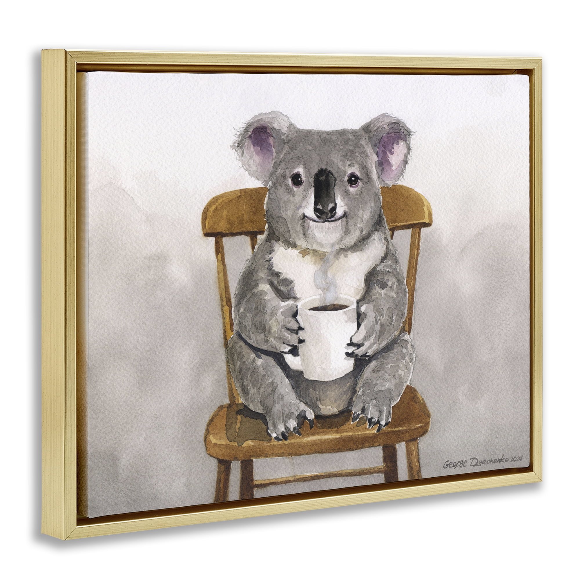 Stupell Industries Koala with Coffee Mug Gold Framed Floater Canvas Wall Art, design by George Dyachenko