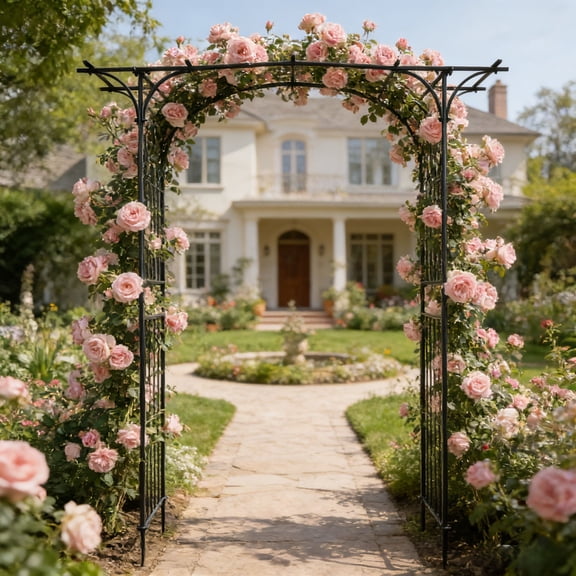 UBesGoo 7.1ft Flat Top Wrought Iron Arch Plant Climbing Trellis for Outdoor Garden Support Black