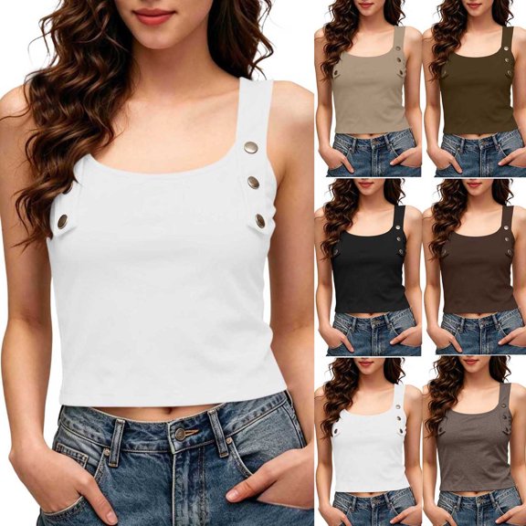 SwiftWear Women's Trendy Cropped Tank Top with Built-in Bra & Shoulder Buttons Sleeveless Cami Casual Going Out Tops