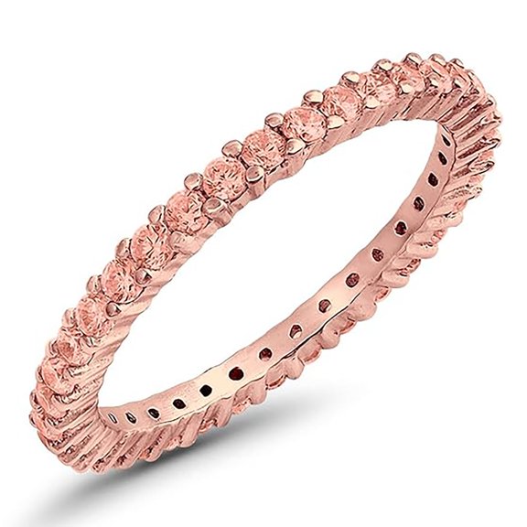 Round 2 mm Pink Morganite Full Eternity Band Ring Delicate Stackable Ring 925 Sterling Silver Rose Gold Plated Gemstone Jewelry For Women Gift