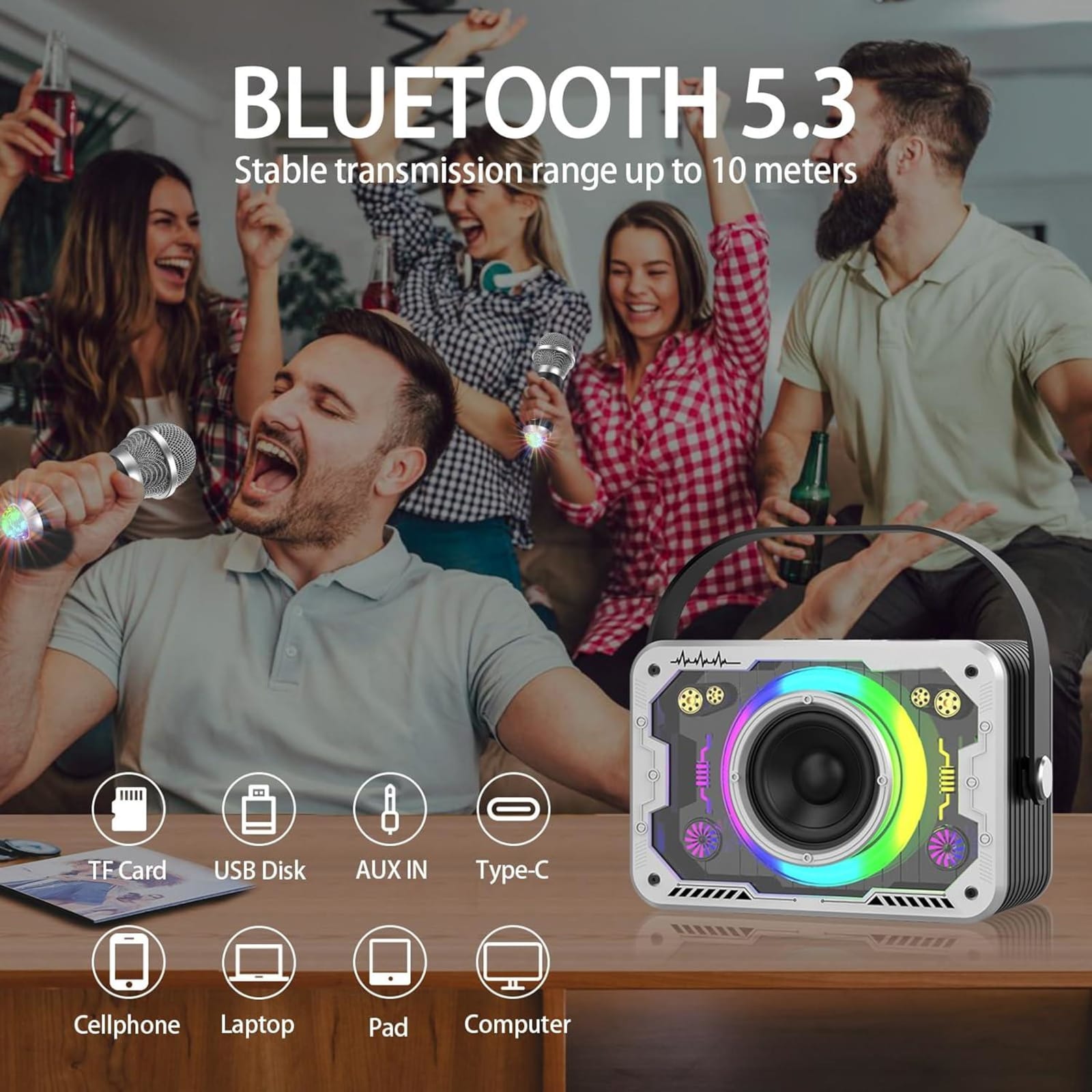 Karaoke Machine, 2 Wireless Karaoke Microphones with Disco Lights, Portable Bluetooth Speaker with RGB Light, Singing Machine with PA System for Adults, Supports AUX/USB/TF for Home Party Outdoor