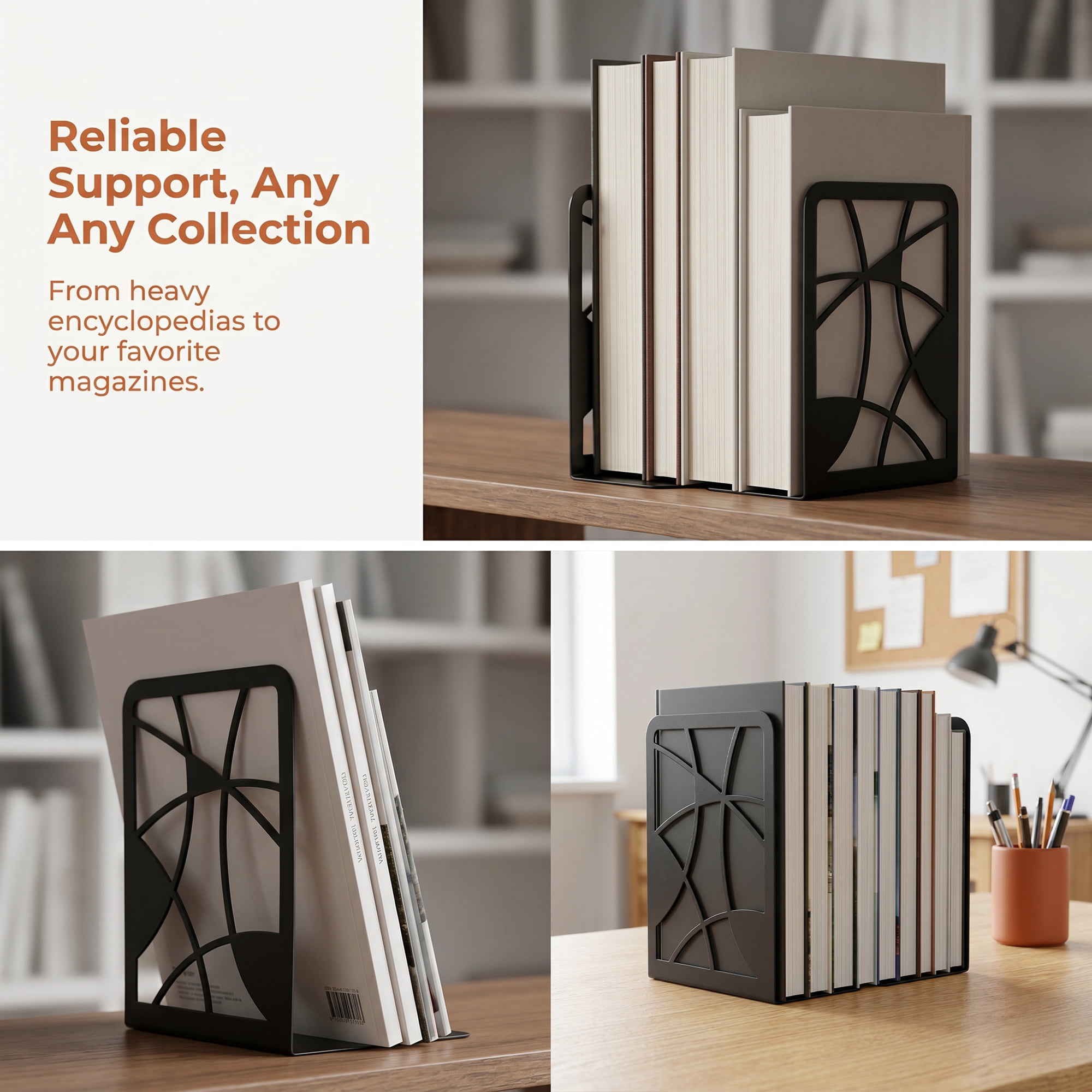 Unique Bargains Geometric Metal Bookends Decorative Book Ends for Shelves Black  Style C 4.7"x3.7"x6.7"