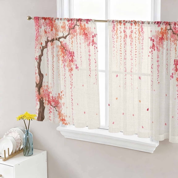 Spring Floral Semi Sheer Curtains 45 Inch Length 2 Panels Set, Pink Weeping Cherry Blossom Branches Beige Sheer Kitchen Curtain Privacy Voile Window Curtain for Living Room Bedroom Rod Pocket Drapes