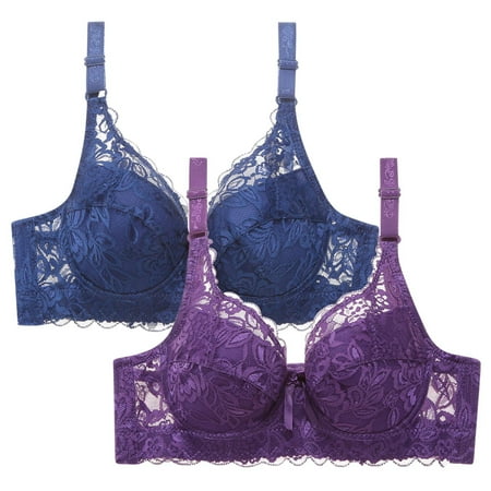 WREESH Womens Lace Bralette Comfortable Everyday Push Up Bra Soft Padded Wireless Plunge Bra Adjustable Strap Underwear 2 Pack Blue