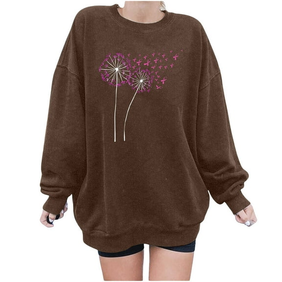 Crewneck Sweatshirts for Women Print Oversized Loose Breast Cancer Tops Drop Shoulder Casual Pullover Shirts(Coffee XXL)