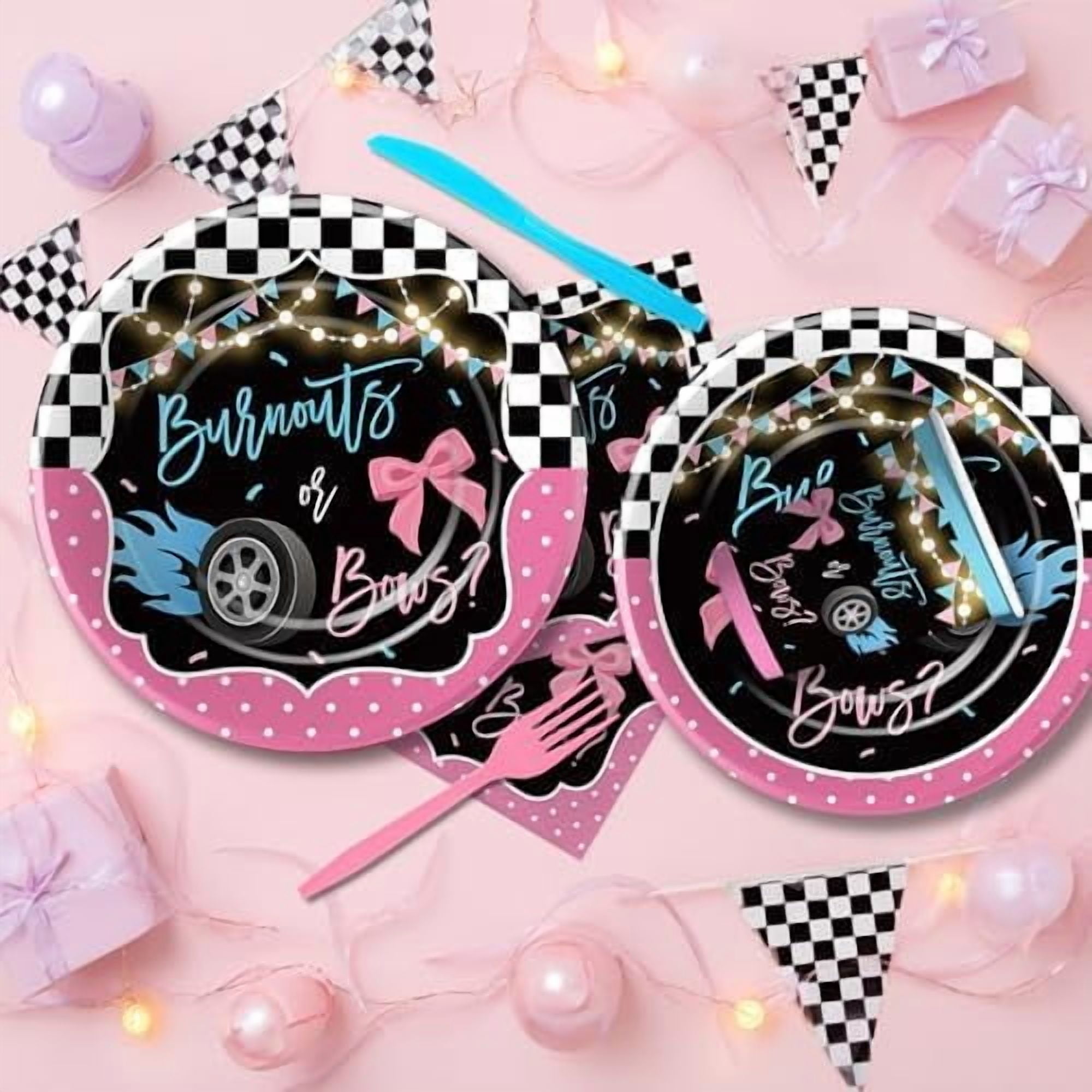 Burnouts or Bows Gender Reveal Decorations Tableware, Boy or Girl Gender Reveal Party Supplies, Plate, Cup, Napkin, Cutlery, Tablecloth, Race Car vs Bows Baby Shower Decorations, Serves 24$$