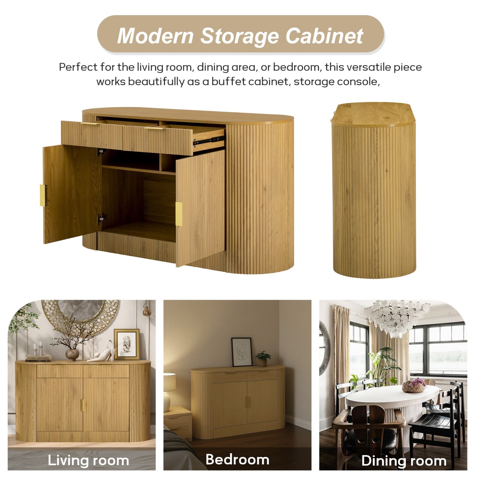 55.1" Storage Cabinet with 2 Doors & 2 Drawers, Stripe MDF Sideboard with Curved Side Door & 3-Tier Shelves, Buffet Cabinet for Living Room Dining Room Bedroom, Natural