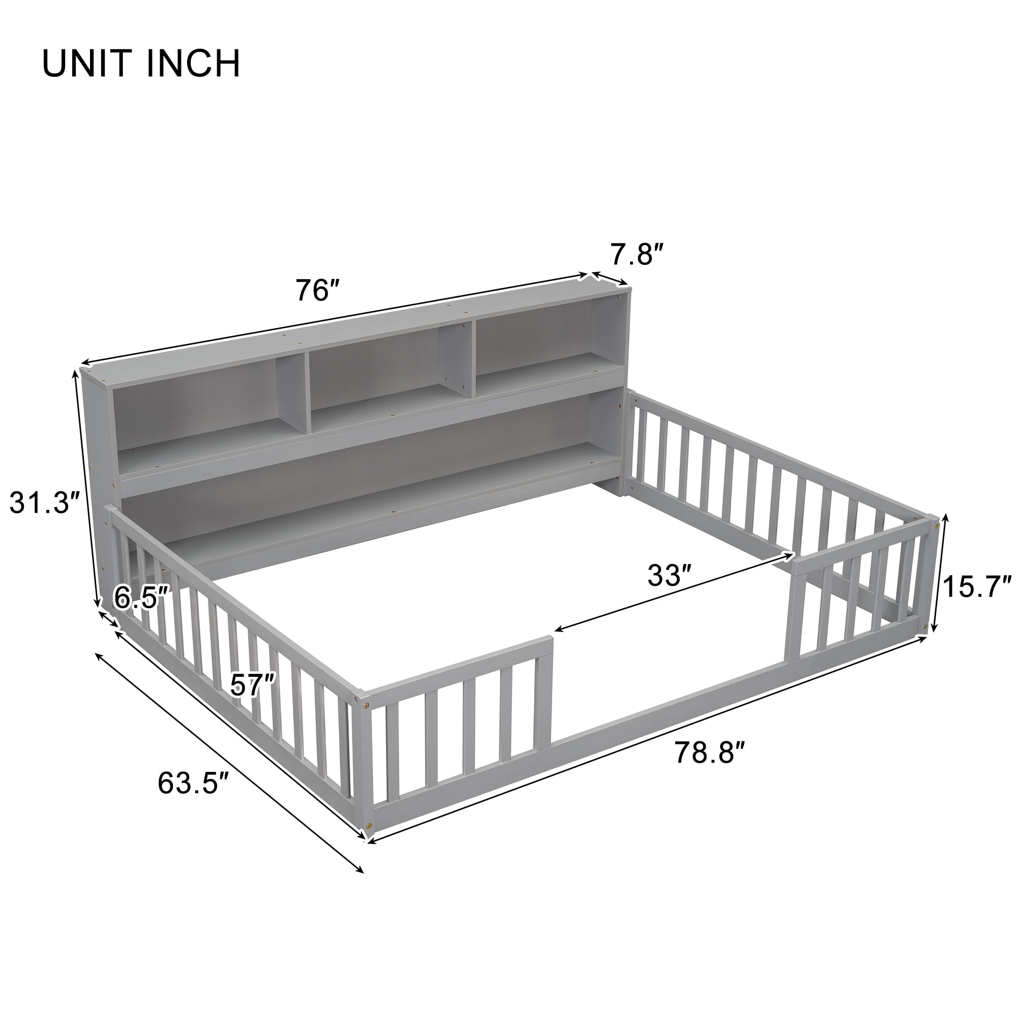 Miniyam Full Floor Bed with Bookcase Shelves and Guardrails, Wood Low Profile Bed Frame, Gray