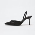 thumbnail image 4 of [On feet & in love] Women's Satin Pointed Toe Slingback Heels - Elastic Strap Stiletto Pumps with Fabric-Covered Circular Ring Detail,Black,7.5, 4 of 7