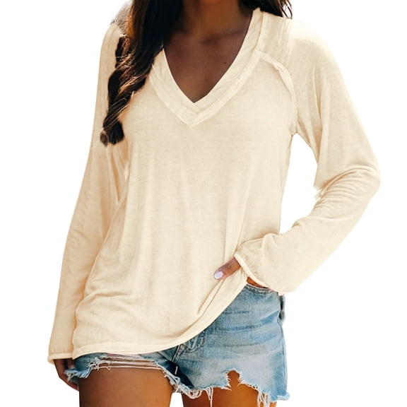 Plain T Shirts for Women Retro Double V Neck Long Sleeve Loose Casual Blouse Tee Summer Tops