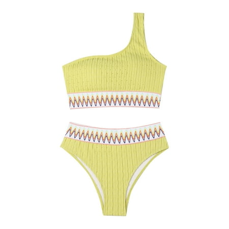 Oplxuo Women s Textured High Waisted Bikini Sets Boho One Shoulder Swimsuits Cheeky Tummy Control Two Piece Bathing Suit