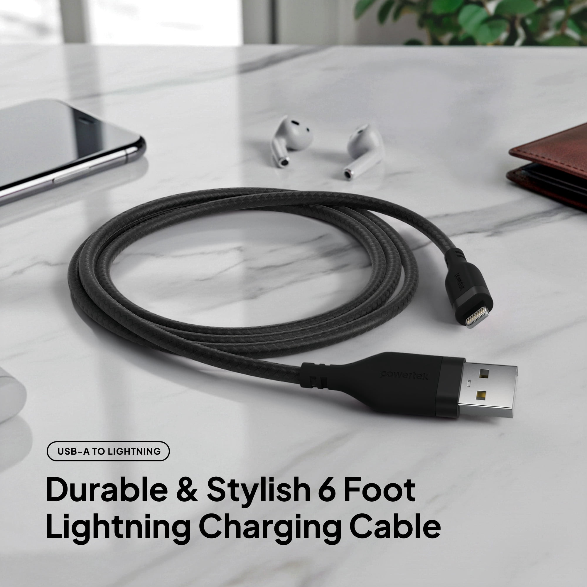 Powertek MFi Certified USB-A to Lightning Charging Cable, Carbon Design Texture, 6 ft, Black