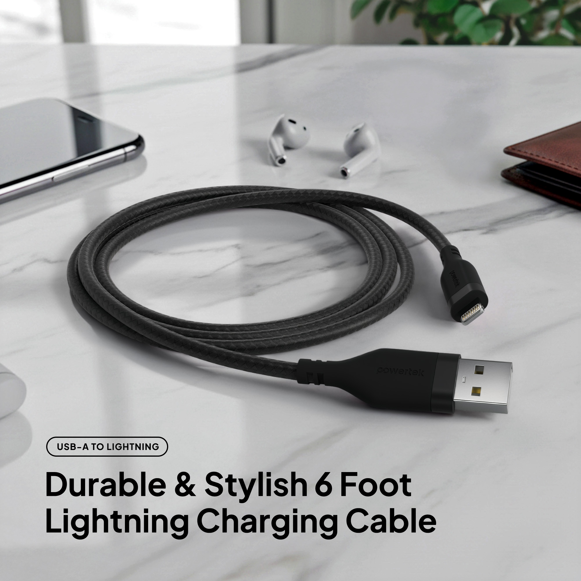 Liquipel Powertek MFi Lightning USB-A Cable, 6 Ft, Black photo 2