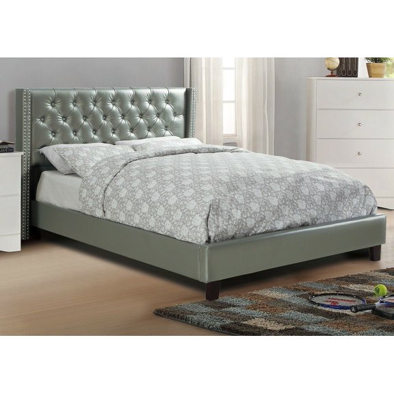 Full Size Bed 1pc Bedroom Furniture Silver Faux Leather Tufted Headboard Bedframe Upholstered Modern Style