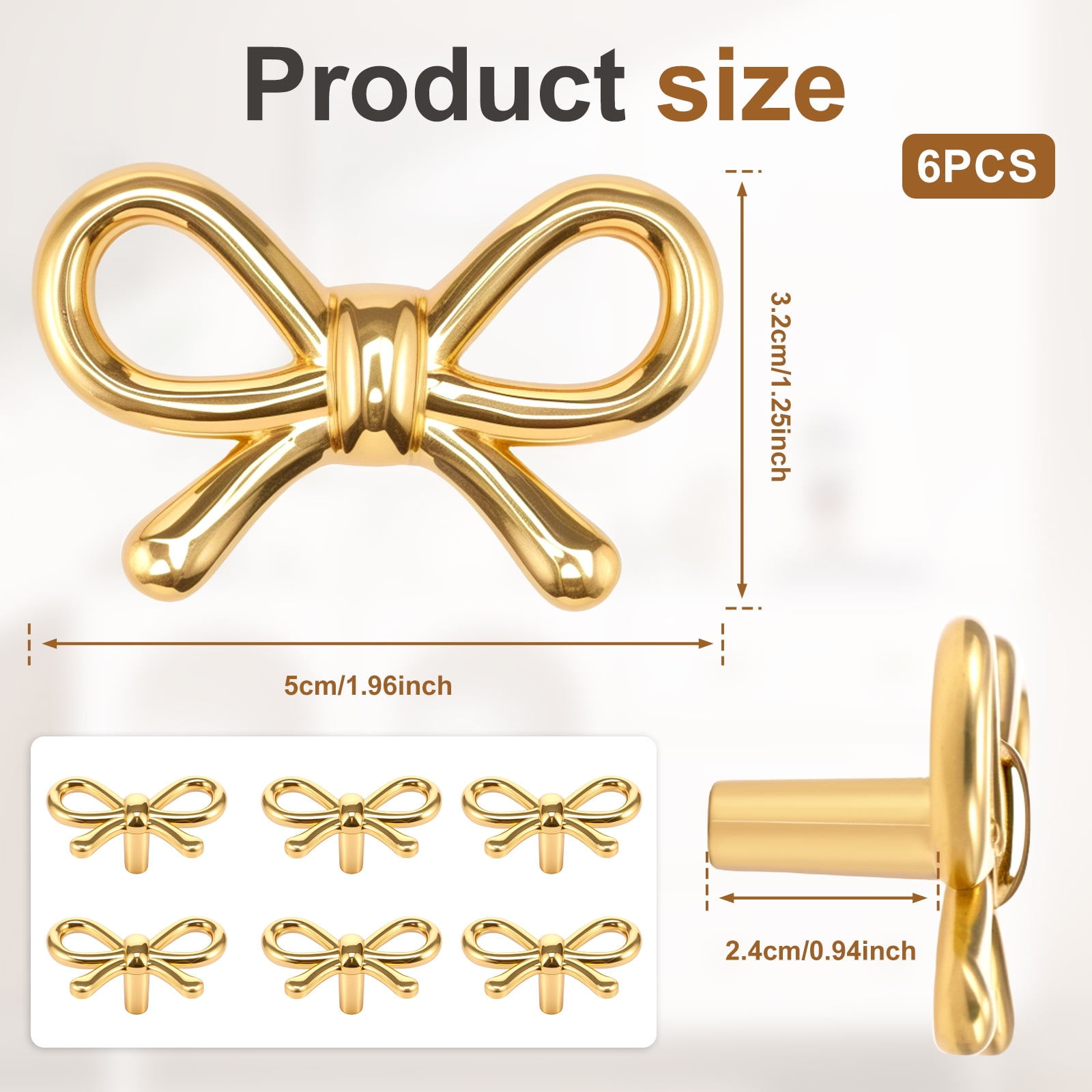 RZVNMKO Gold Dresser Knobs, Solid Brass Bow Shape Drawer Knobs Vintage Style, Single Hole Decorative Cabinet Knobs Hardware with Screws for Nursery Vanity Cupboard Wardrobe, 6 Pack