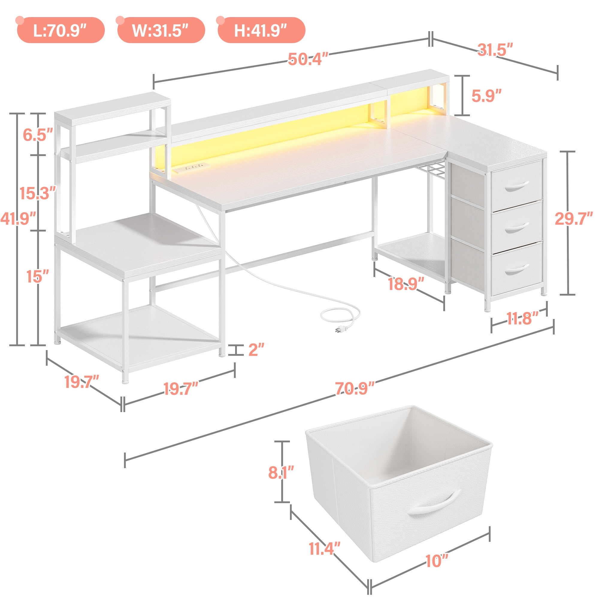 EnHomee 70.9" L Shaped Gaming Desk with Power Outlet & LED Lights, Computer Desk with Storage Shelves and Monitor Stand, White