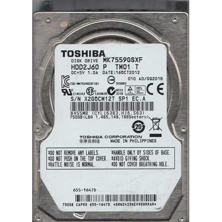 MK7559GSXF, A0/GQ201B, HDD2J60 P TM01 T, Toshiba 750GB SATA 2.5 Hard Drive