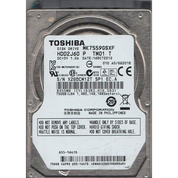 MK7559GSXF, A0/GQ201B, HDD2J60 P TM01 T, Toshiba 750GB SATA 2.5 Hard Drive