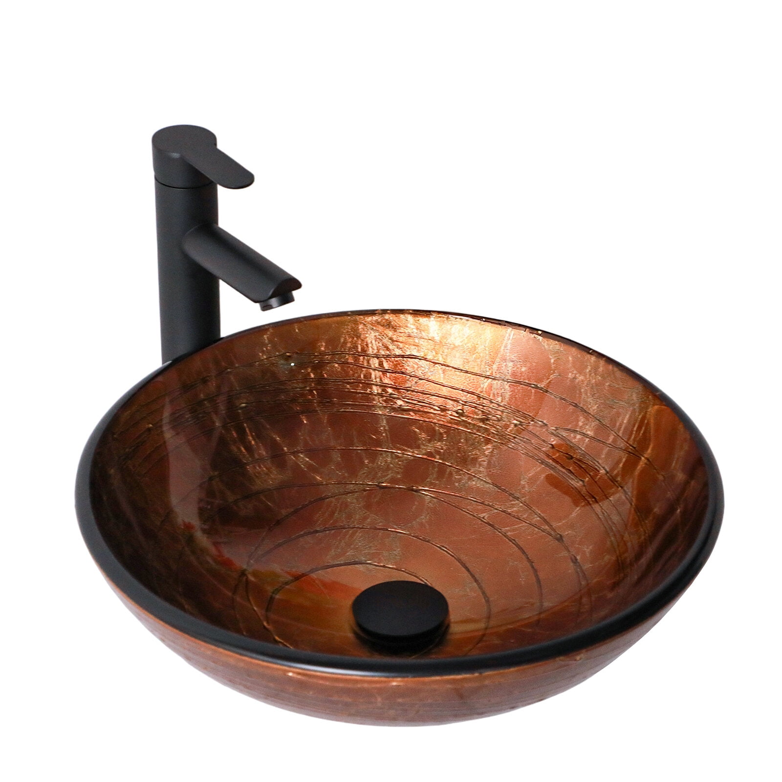 Vanity With Sink, Bathroom Artistic Tempered Glass Vessel Bathroom Sink with Pop-up Drain, Brown Tempered Glass Vanity Round Bowl (no Faucet), Brown Bathroom Vanity,Tempered Glass Single Sink Vanity