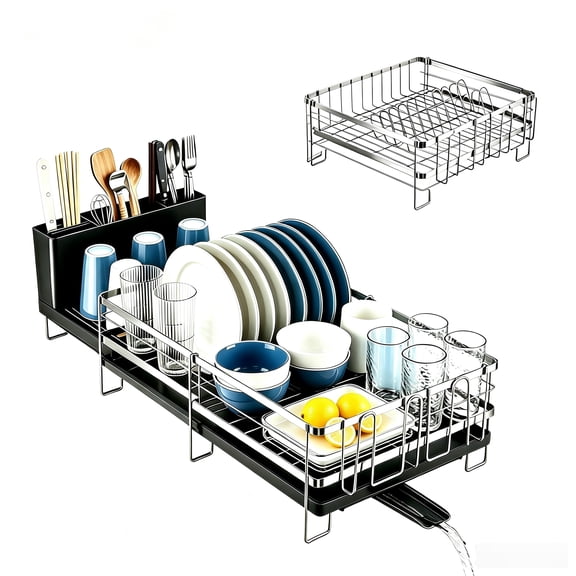 Delamu Extendable Dish Rack Kitchen Drainer Set with Utensil & Cup Holders, Black