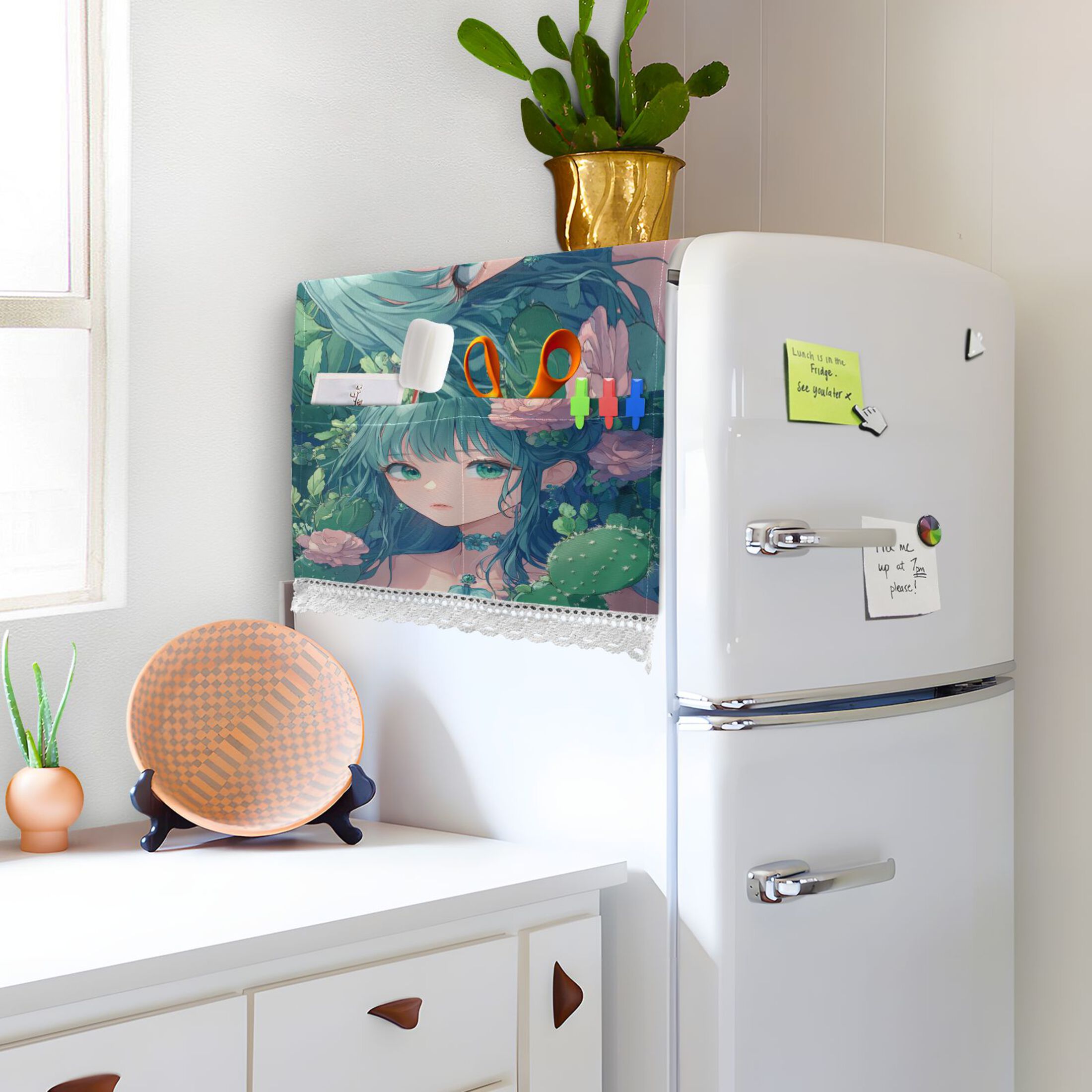 Anime Cactus GirlWasher and Dryer Covers Dust-Proof and Oil Resistant Fridge Cover with 4 Storage Pockets Washing Machine Top Cover for Laundry Kitchen Home 51.2 x 22 In