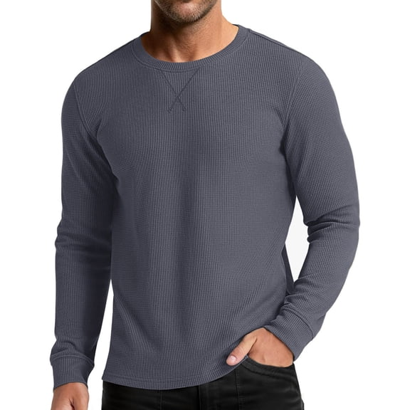 Yusimy Men's Solid Color Waffle Knit Crew Neck Pullover Long Sleeve Base Layer Tee Casual Style