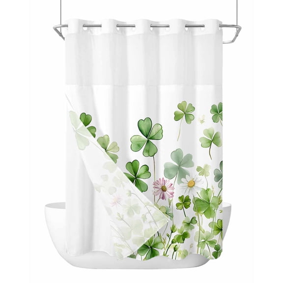 Anzona No Hook Shower Curtains, Green Lucky Clovers Standard Bathroom Curtains with Snap in Liner, Summer Botanical Leaves Waterproof Washable Fabric Bathroom Shower Curtain Sets, 60" x 72"