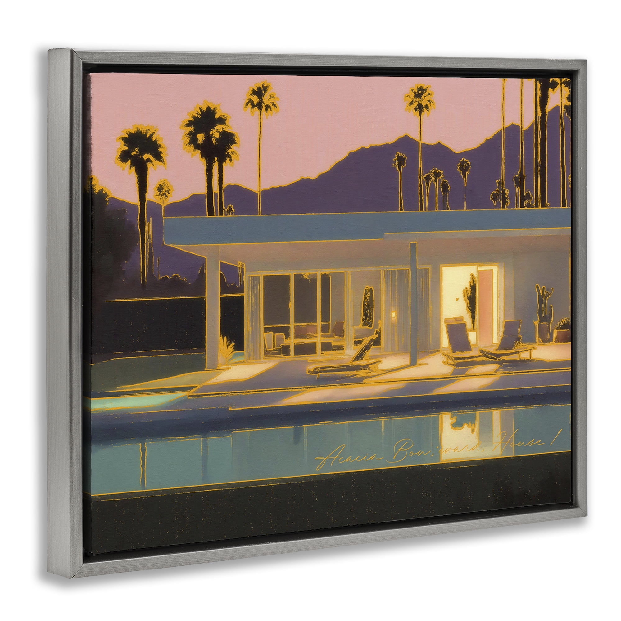Stupell Industries Sunset Glow Summer Pool Landscape & Nature Painting Gray Floater Framed Canvas Art Print Wall Art, 21 x 17
