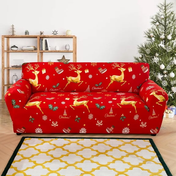 Christmas Stretch Red Sofa Slipcover - Gold Reindeer Loveseat Seat Cover for 2 Cushion Couch Sofa, Xmas Themed Elastic Universal Chair Furniture Protector for Xmas Home Decor (Loveseat)