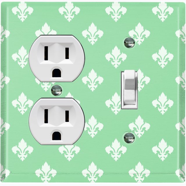 Metal Light Switch Plate Outlet Cover (Fleur De Lis Green Pastel Pattern - Single Duplex Single Toggle)