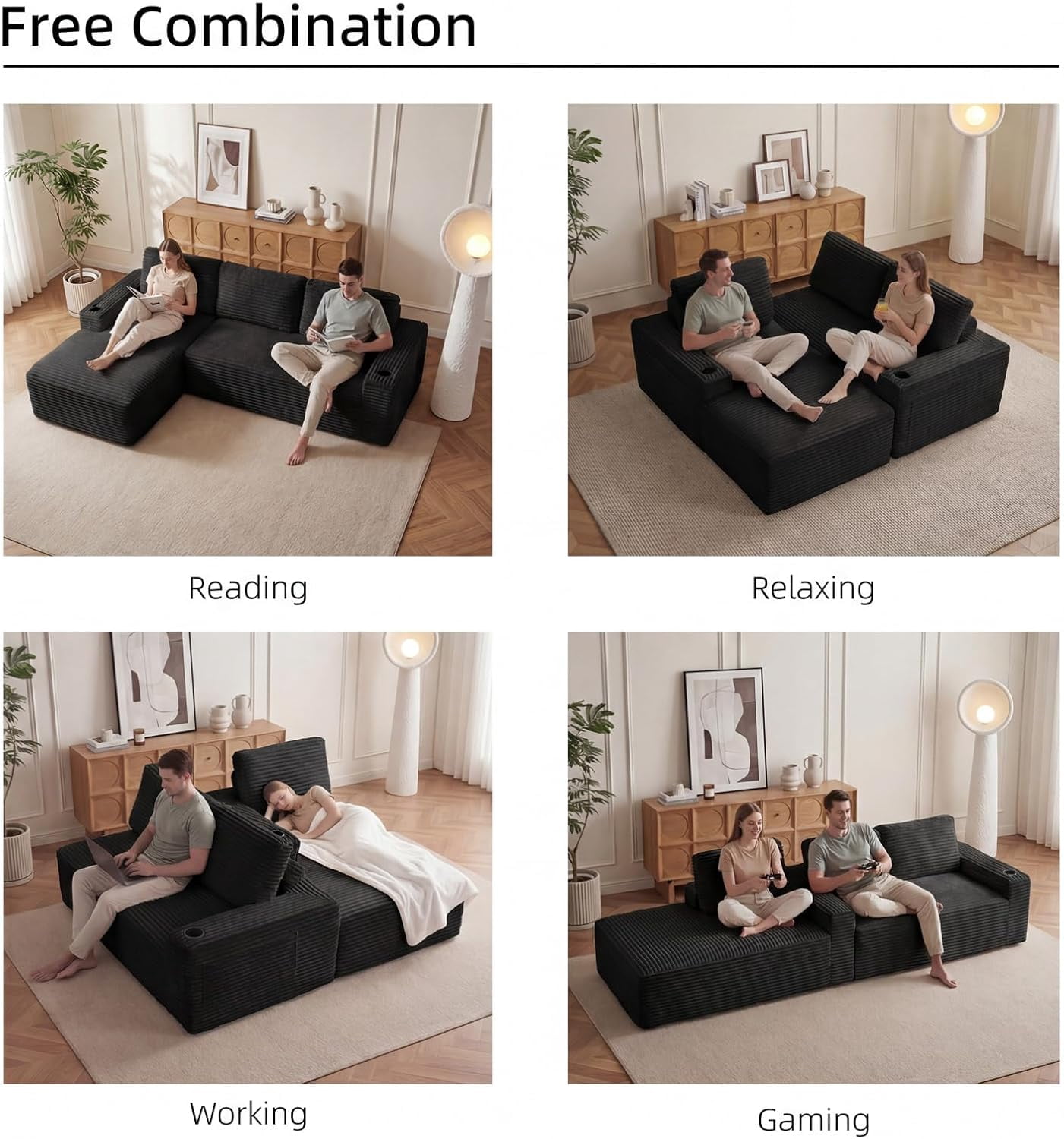 104" Cloud Modular Sectional Sofa, Corduroy Boneless L-Shape Chaise Couch with Deep Seat for Living Room Bedroom, No Assembly Required