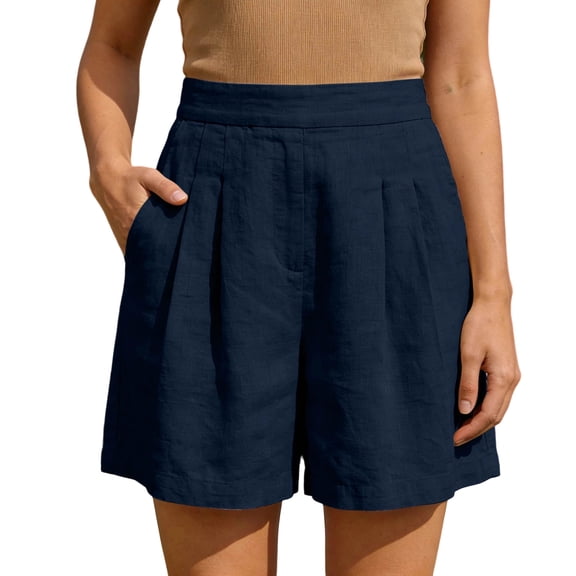 gakvbuo Plus Size Summer Linen Shorts for Women's Solid Color Wide-Leg Shorts with Pocket Outwear Jogging Walkshort