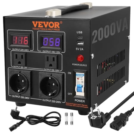 VEVOR Voltage Converter Transformer, 2000W, Heavy Duty Step Up/Down Transformer, Convert from 110 Volt to 220 Volt and from 220 Volt to 110 Volt, with US Outlet EU Outlet 5V USB Port, CE Certified