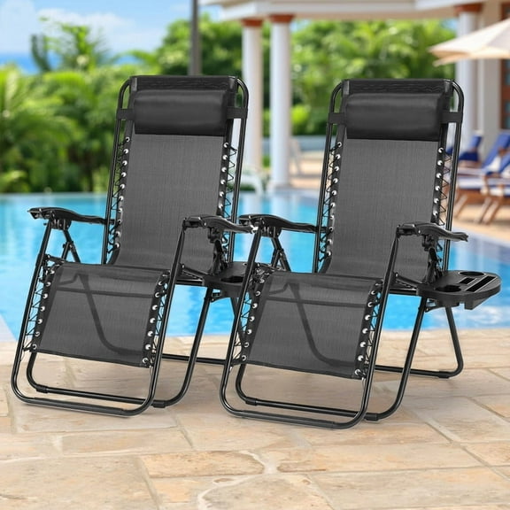 Beddle Set of 2 Zero Gravity Chair Outdoor Lounge Chair,Portable Recliner Beach Camping Patio Outdoor Folding Lounge Chair with Cup Holder Trays, Black