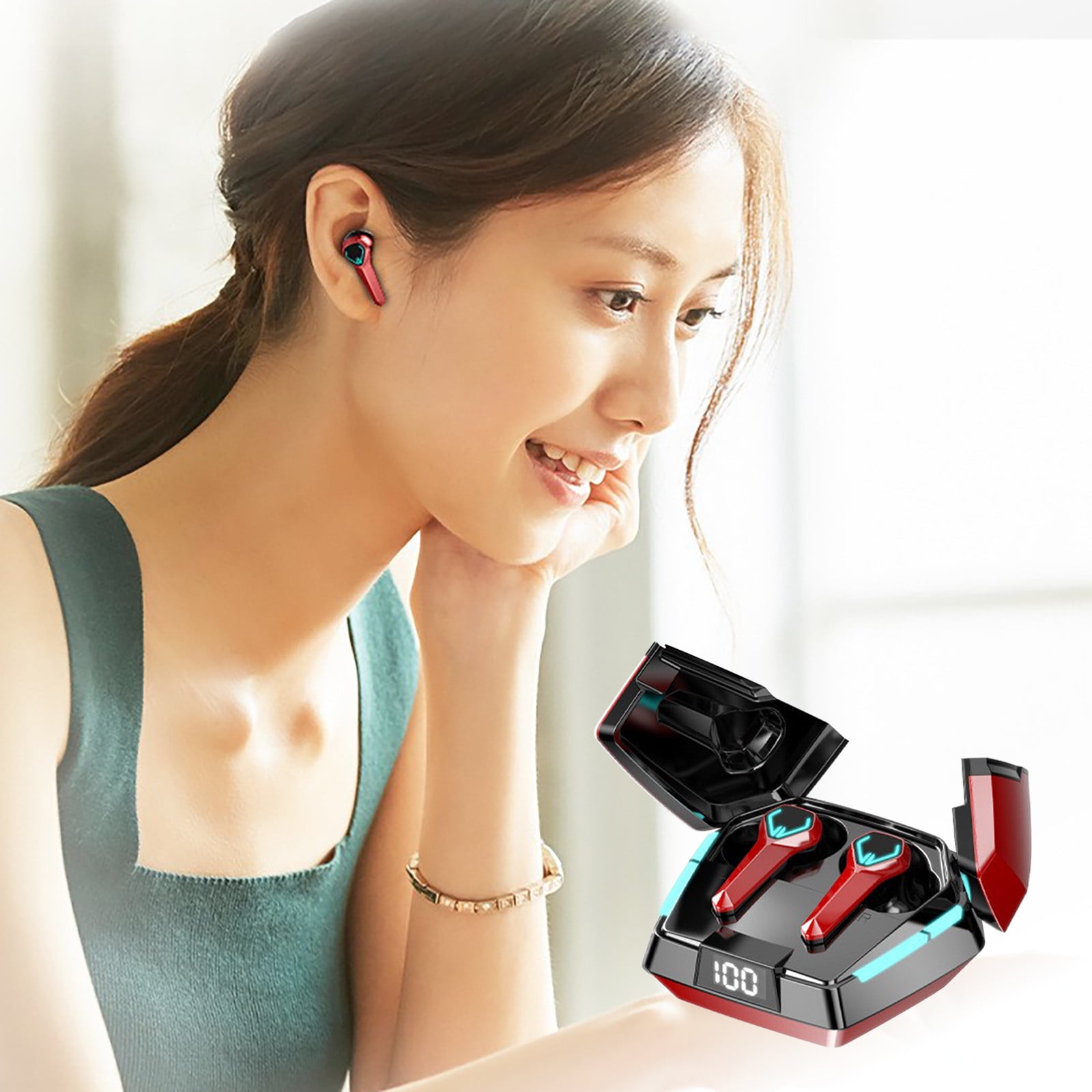Bluetooth Headphones True Wireless Earbuds 60H Playback LED Power Display Earphones with Wireless Charging Case IPX5 Waterproof in-Ear Earbuds with Mic for TV Smart Phone Laptop Computer Sports - Red