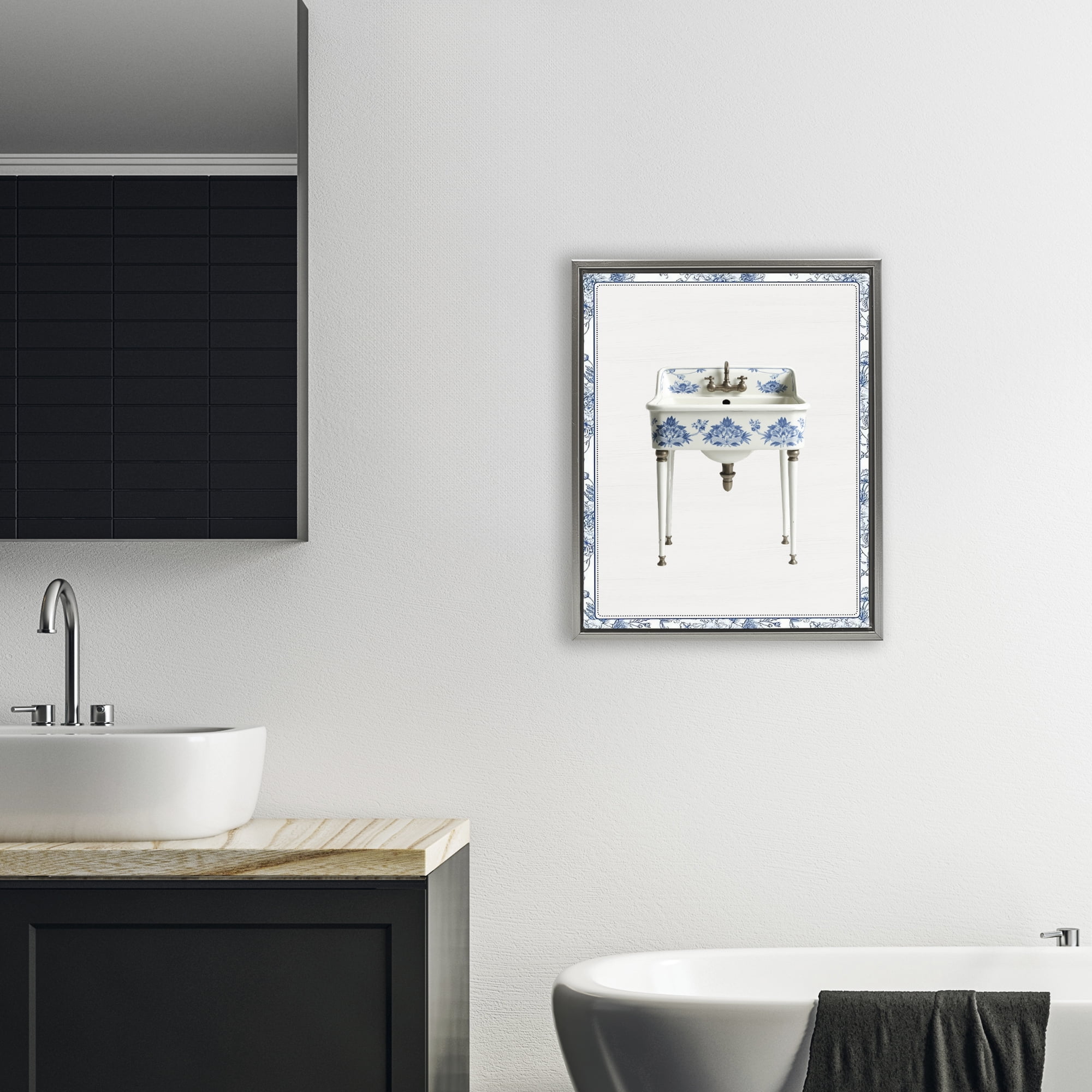 Vintage Chinoiserie Sink Gray Framed Floater Canvas Wall Art, design by Lettered and Lined