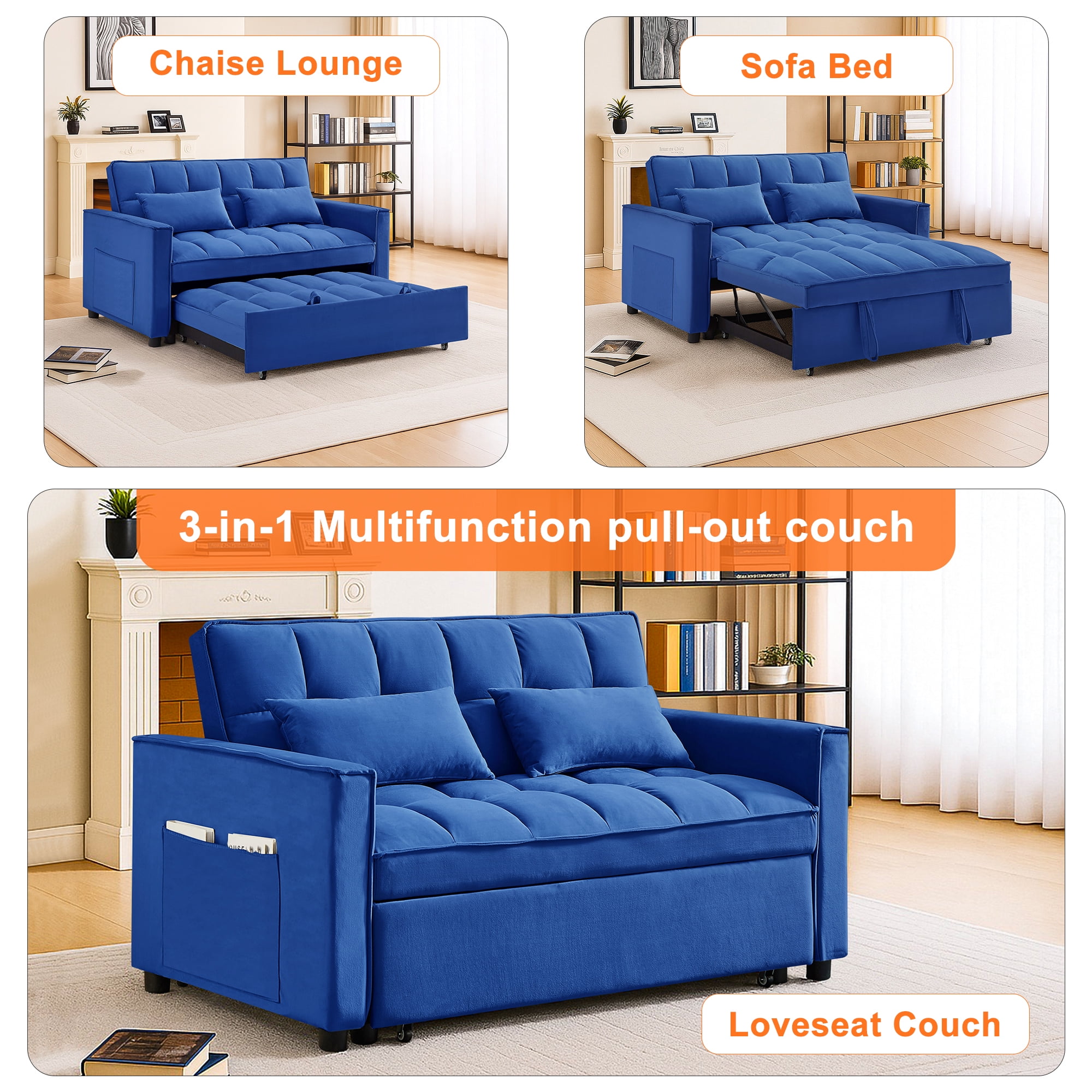 Demi Bonn 3 in 1 Convertible Sleeper Sofa Bed with Side Pocket, Adjustable Backrest Velvet Futon Couches for Living Room, Pull Out Couch, Loveseat, Blue
