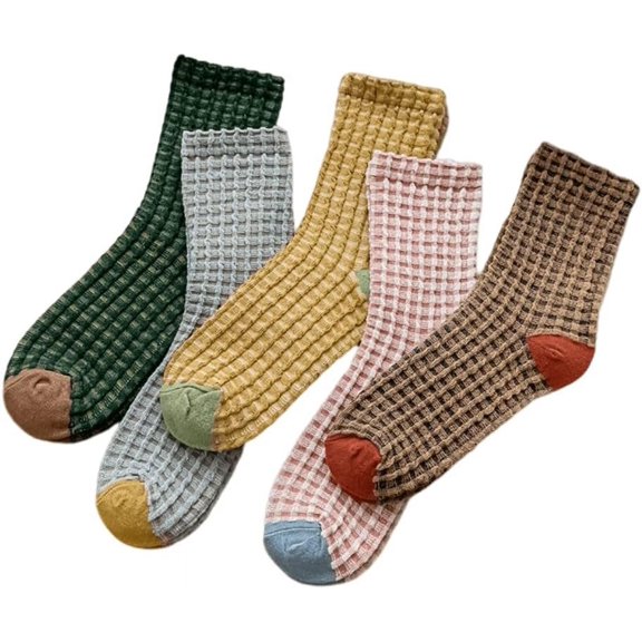 Multi-Colored Checkered Cotton Crew Socks (5 Pack) – Cute Women’s Socks, Size 5-8